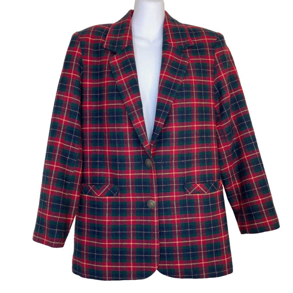 Elle-Elle Red Plaid Blazer Jacket Wool Blend Vintage Oversized 90s Pockets
